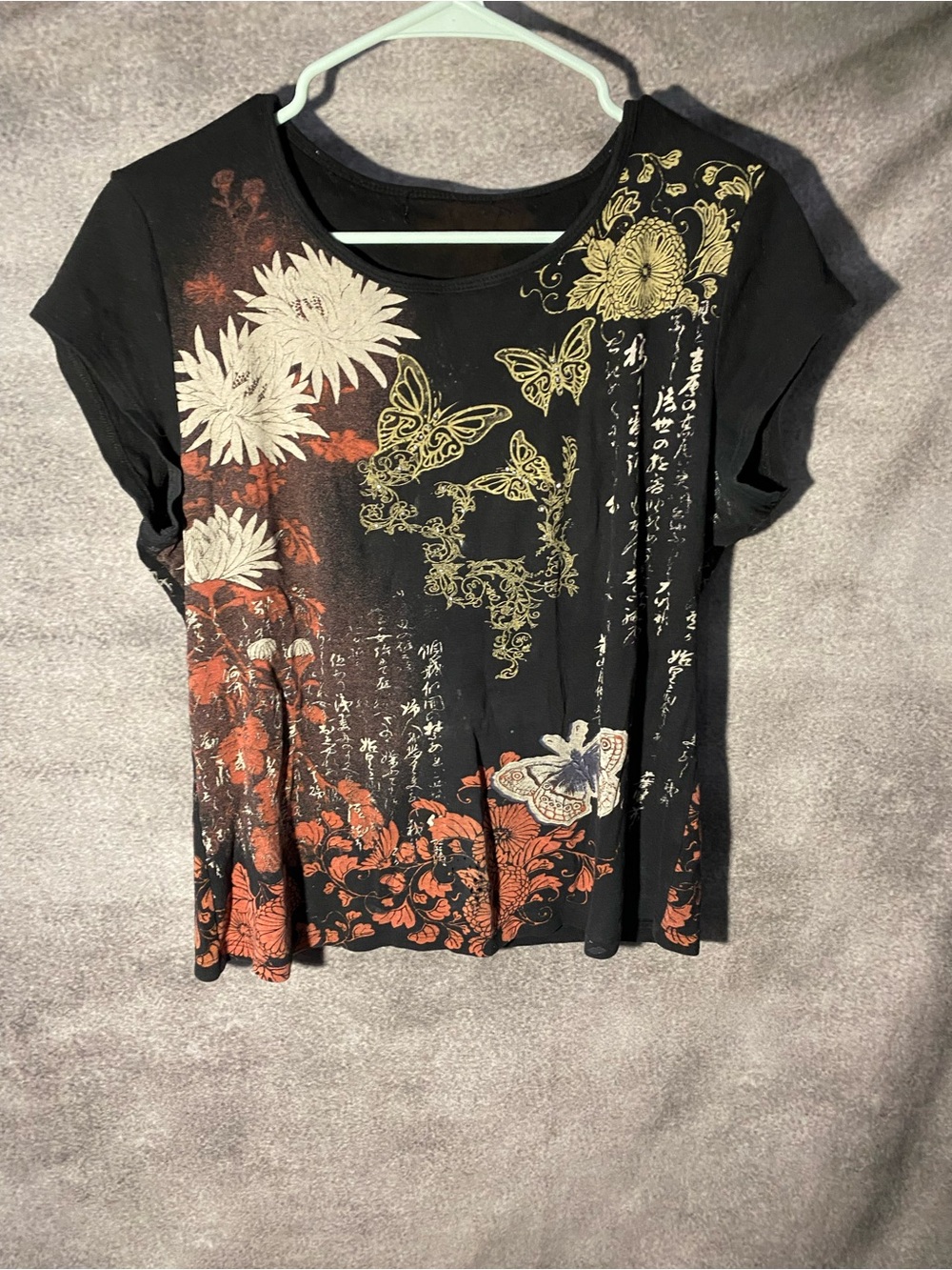 Vintage Y2K Japanese Kanji Script Butterfly Graphic Black T-Shirt Grunge Sz Lโ